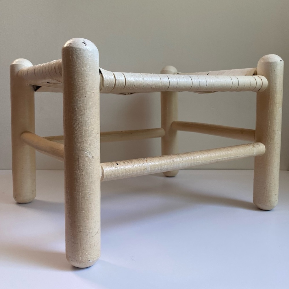 {SOLD} Vintage woven rattan + wood foot stool, painted white - Picture 2 of 7